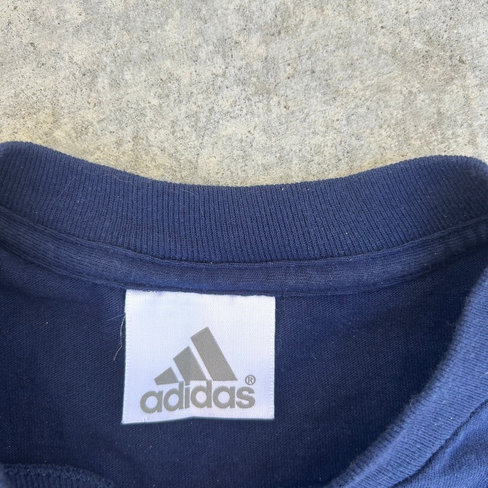 Adidas Vintage 90s T-Shirt Navy Blue Yellow Spellout Embroidered XL Mens - Picture 3 of 6